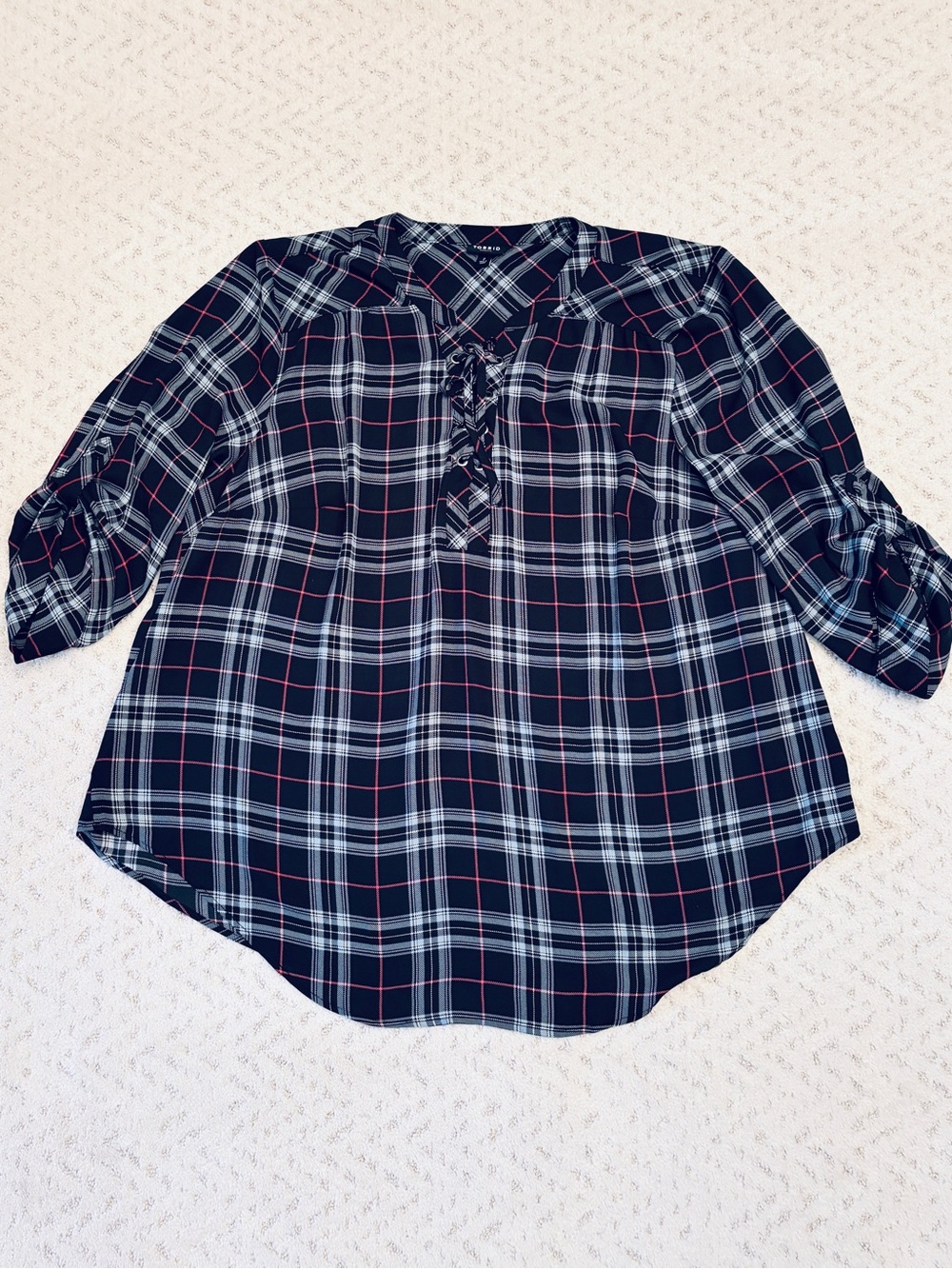 Torrid Harper Plaid Babydoll Swing Blouse Size 2X 18 20 Lace Up Casual Office